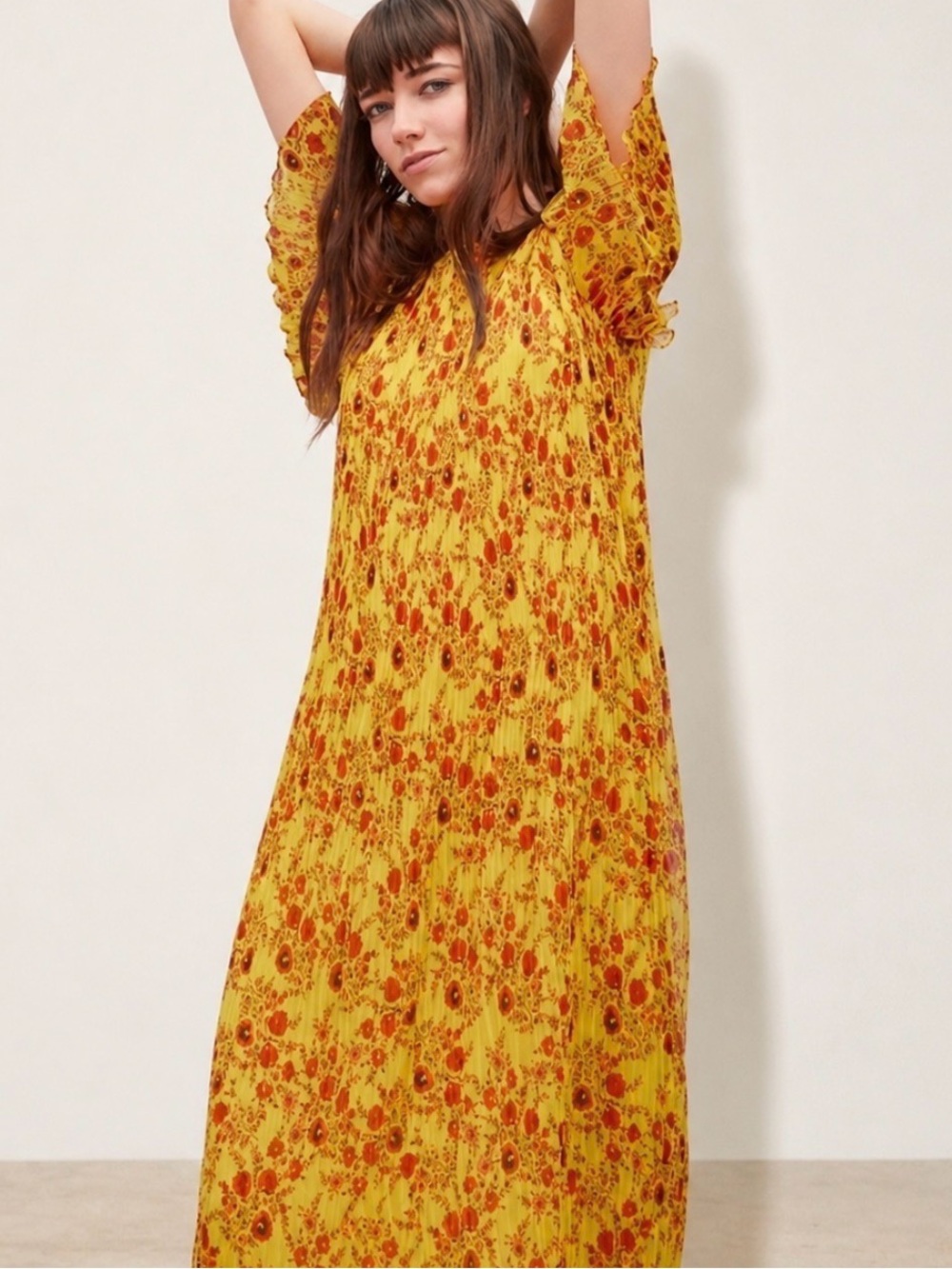 Zara Yellow Pleated Floral Print Maxi Dress Size Small